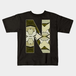 Letter N Monogram Initial Olive Green Pearl White Aesthetic Abstract Pattern Painting On Canvas Kids T-Shirt